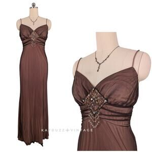 Vintage Livas Prom Dress Maxi Gown 20 Brown Fairy Grunge 90S Y2K Mesh Babydoll